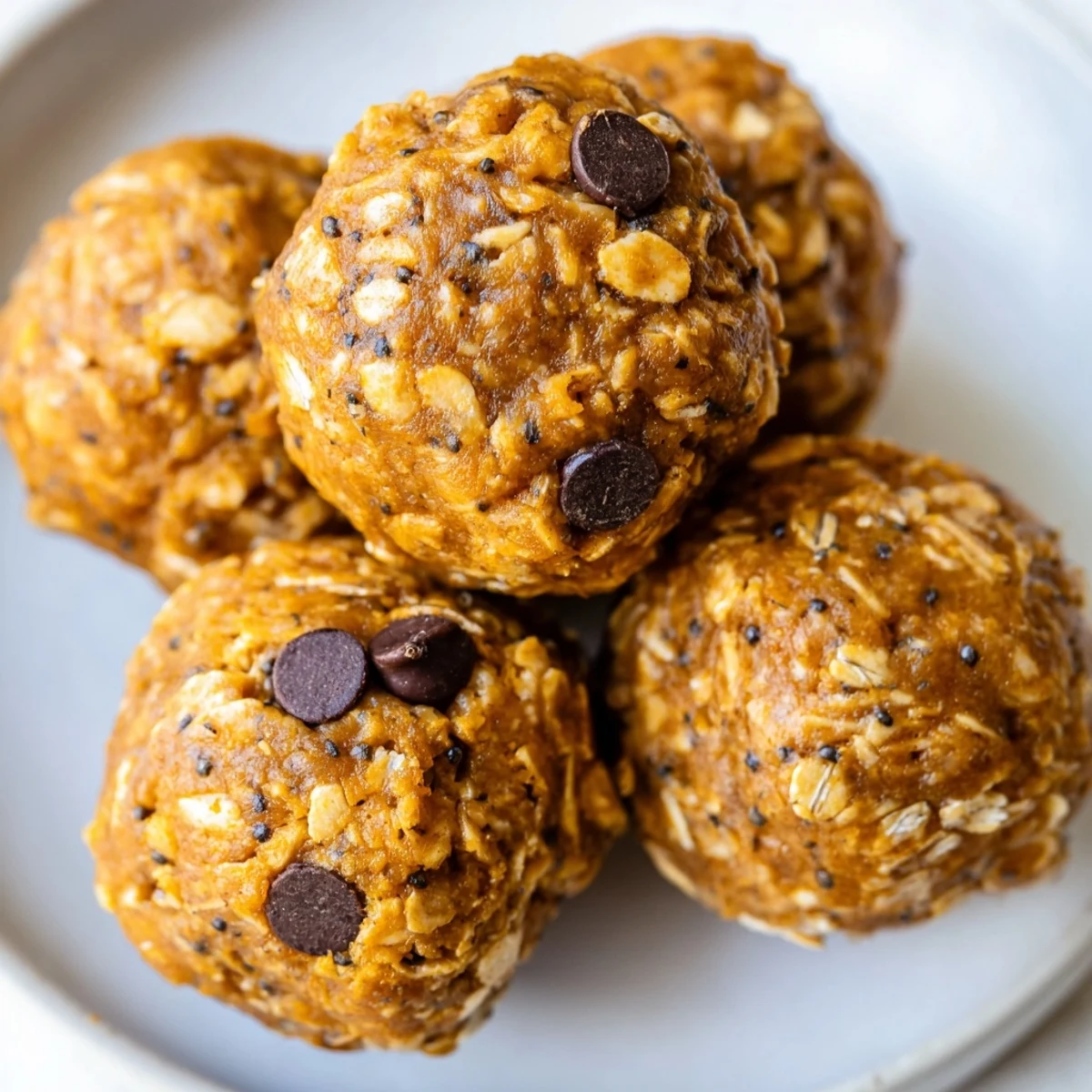 Dusted with cinnamon no bake pumpkin protein balls stacked in a glass container