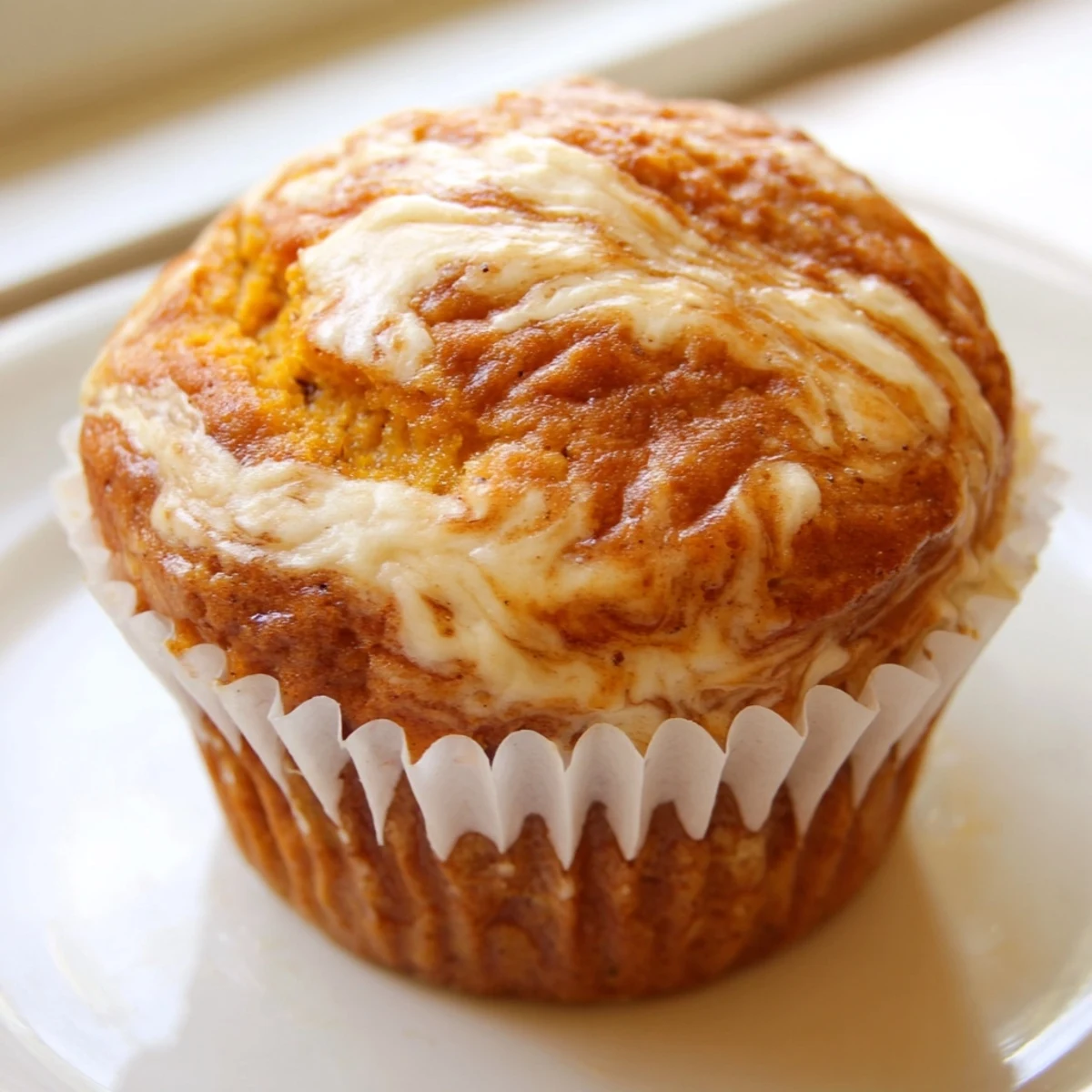 Warm Chai Pumpkin Cheesecake Muffins with swirled spiced cream cheese filling on rustic parchment paper