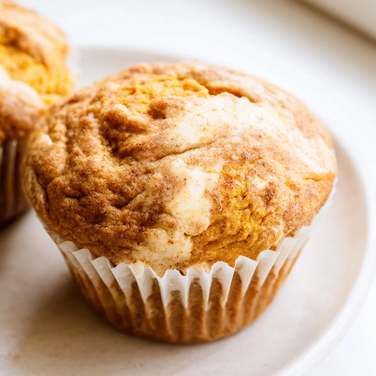 Golden Chai Pumpkin Cheesecake Muffins topped with a creamy cinnamon cardamom swirl close-up