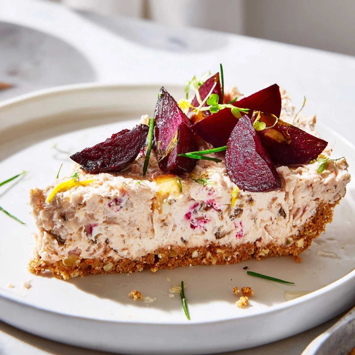 Creamy savoury cheesecake with roasted beetroot topped with fresh herbs and microgreens