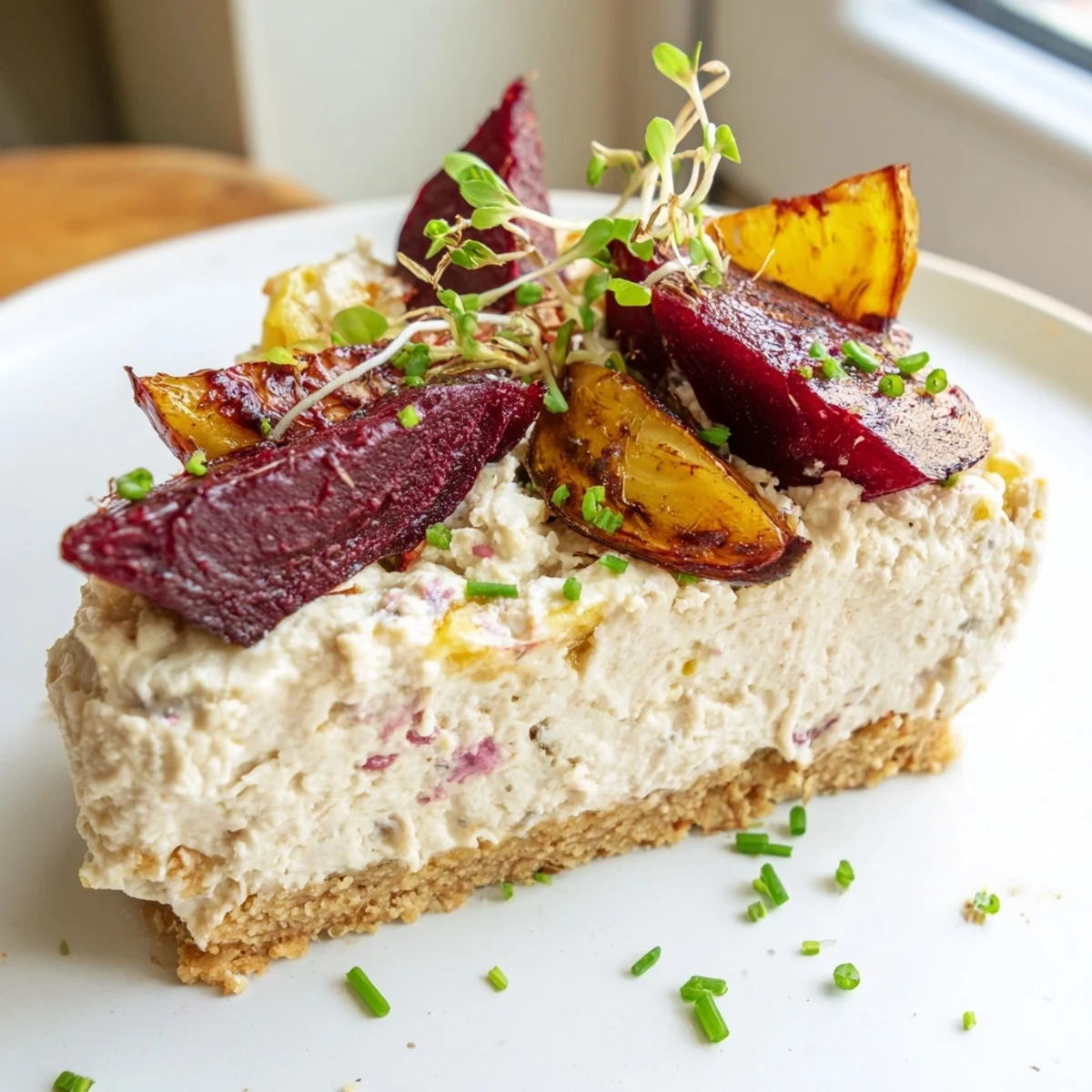 Golden-crusted savoury cheesecake with roasted beetroot garnished with chives and olive oil