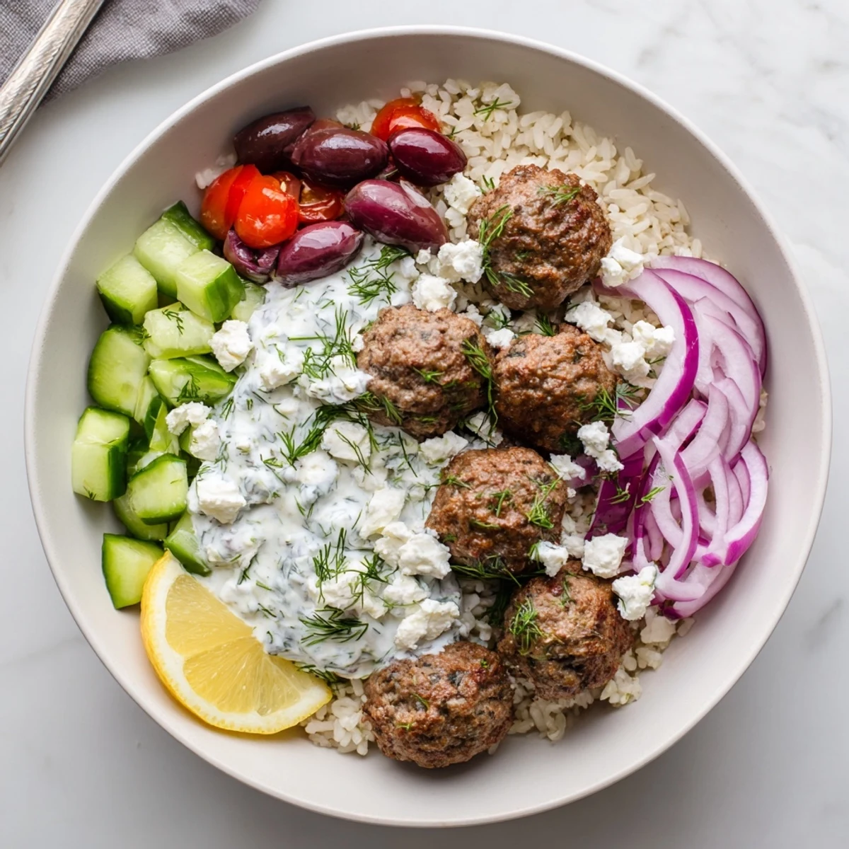 Juicy Greek meatball bowl topped with crumbled feta and creamy tzatziki sauce