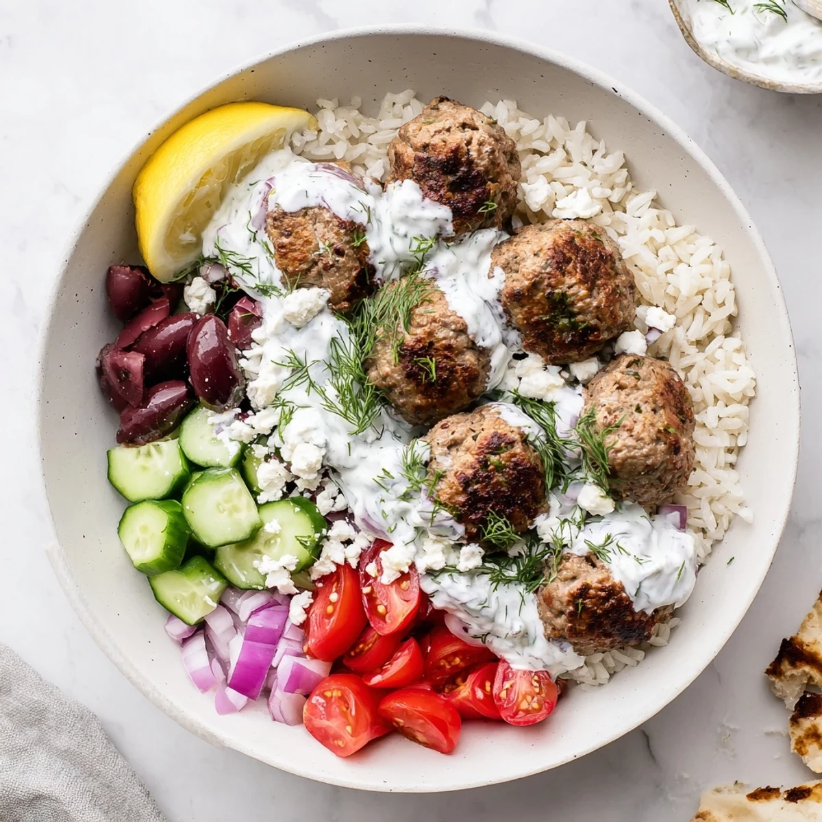 Golden brown Greek meatball bowl served over rice with crisp diced cucumbers