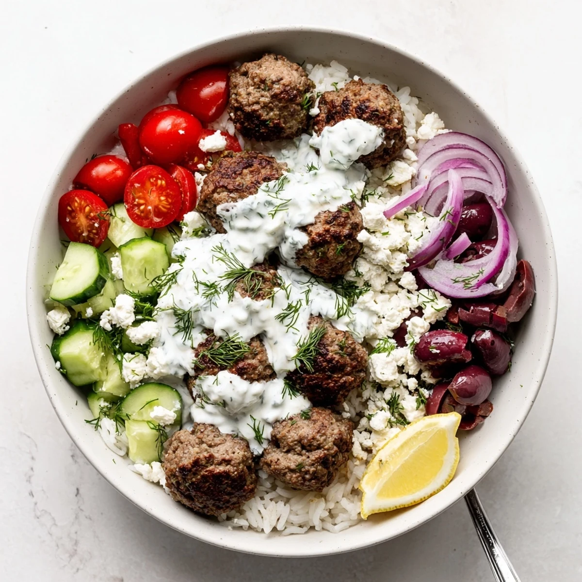 Greek meatball bowl drizzled with tangy tzatziki alongside cherry tomatoes and olives