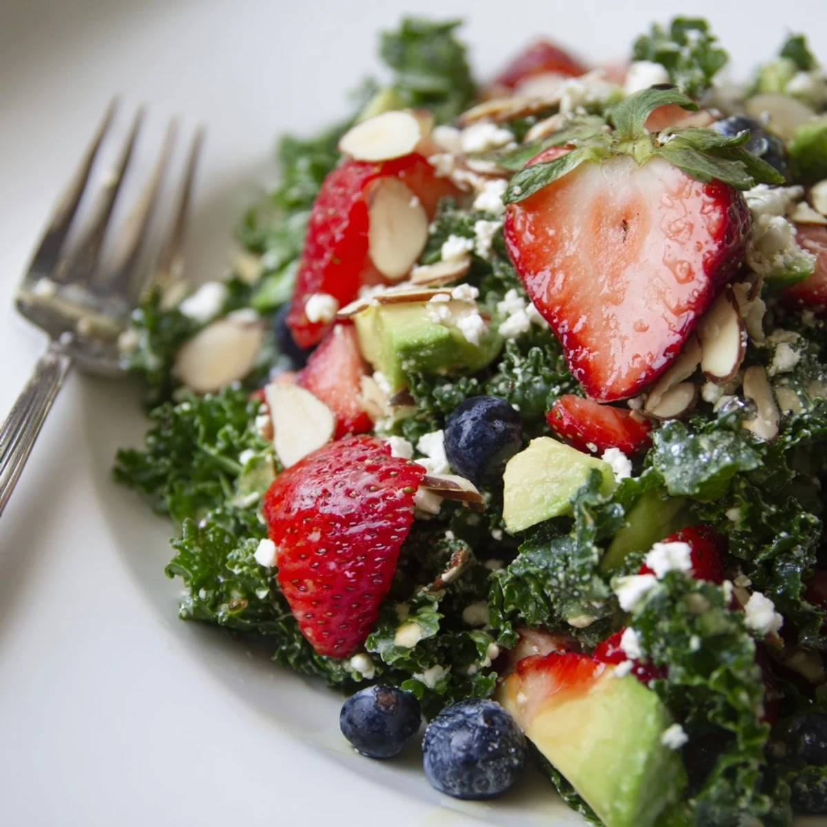 Bright summer kale salad drizzled with lemon-honey vinaigrette in a bowl