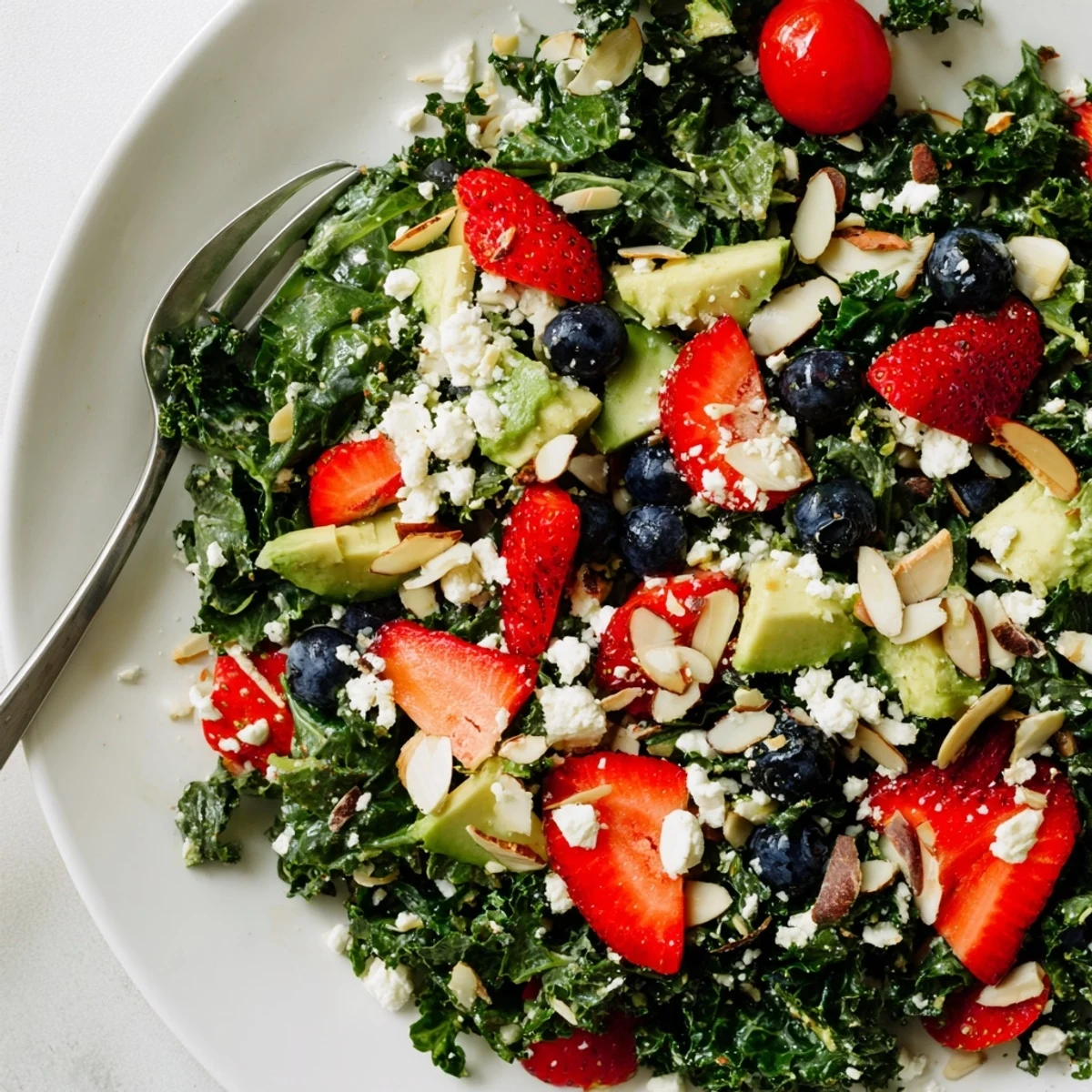 Colorful summer kale salad with juicy strawberries, avocado, and crunchy almonds