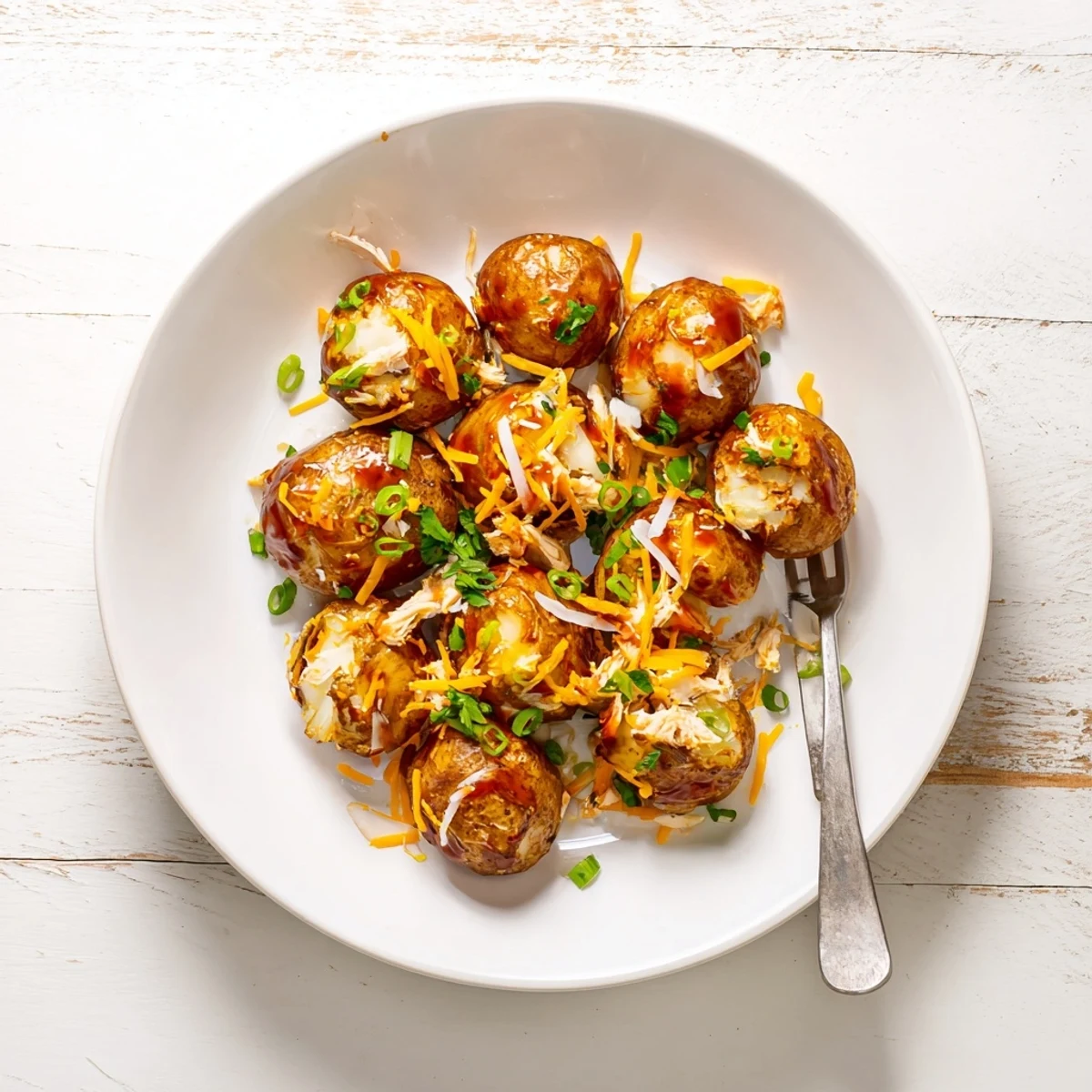 Golden roasted potatoes loaded with honey BBQ chicken and bubbling melted cheddar cheese