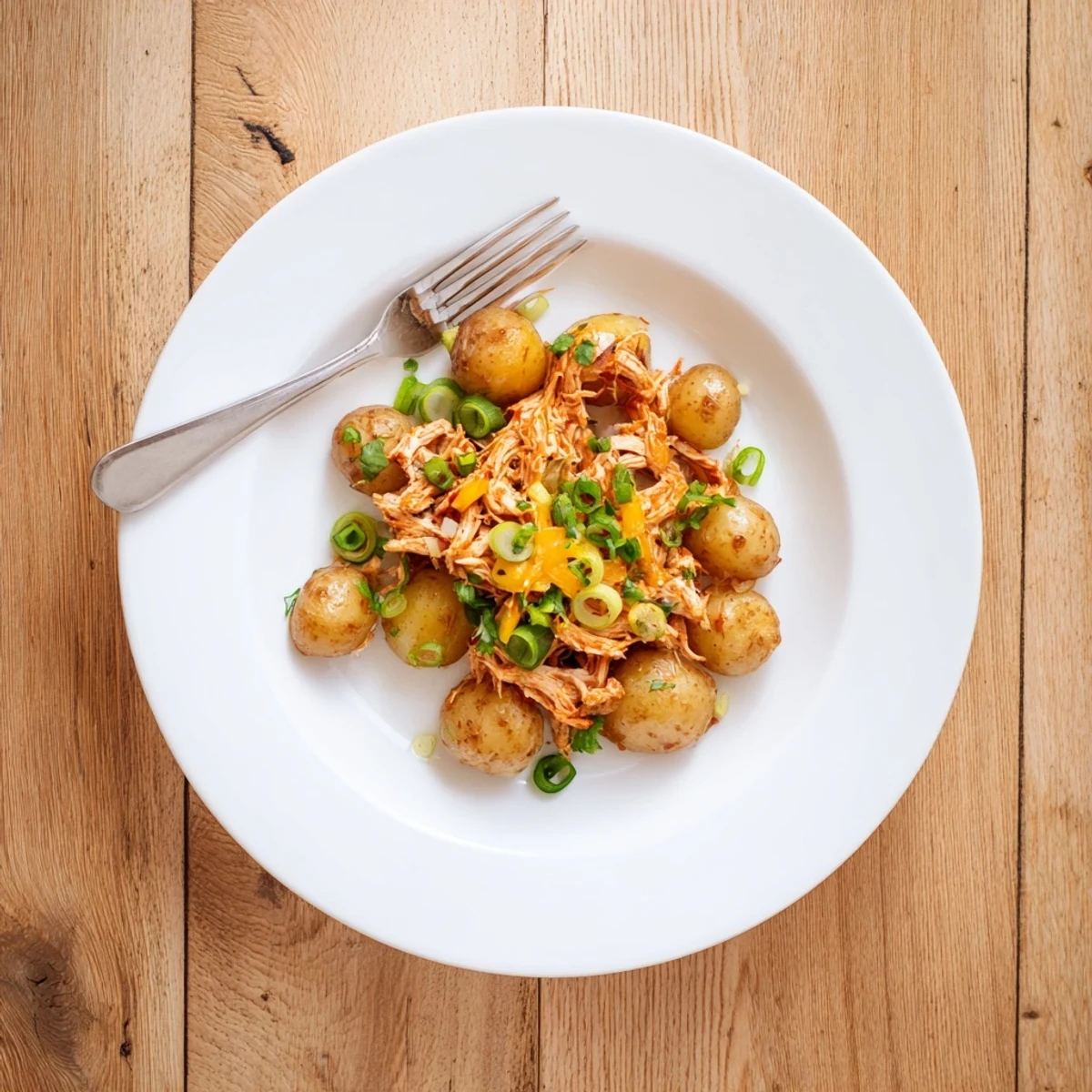 Sliced honey BBQ chicken over crispy baby potatoes topped with fresh parsley and onions