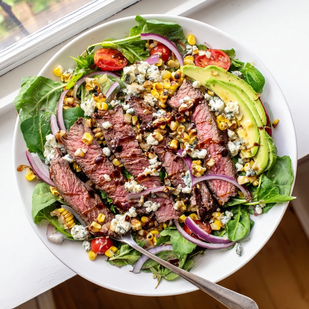 Juicy sliced balsamic steak layered over crisp greens with crumbled Gorgonzola in this balsamic steak Gorgonzola salad with grilled corn.