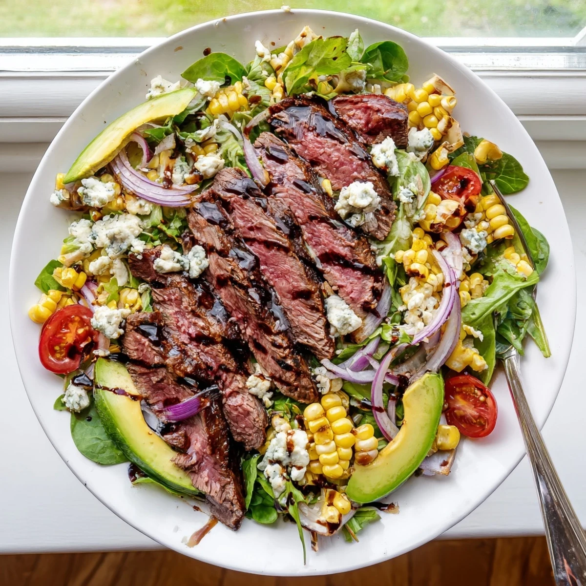 A vibrant plated balsamic steak Gorgonzola salad with grilled corn drizzled with dark vinaigrette alongside charred sweet corn kernels.