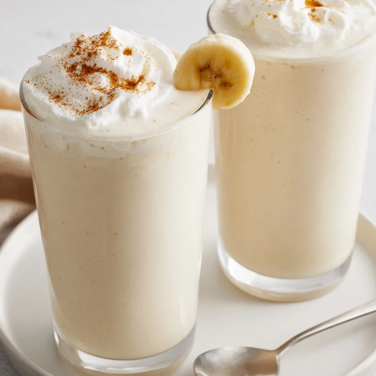 Creamy Vanilla Banana Shake topped with banana slices, ideal for brunch.