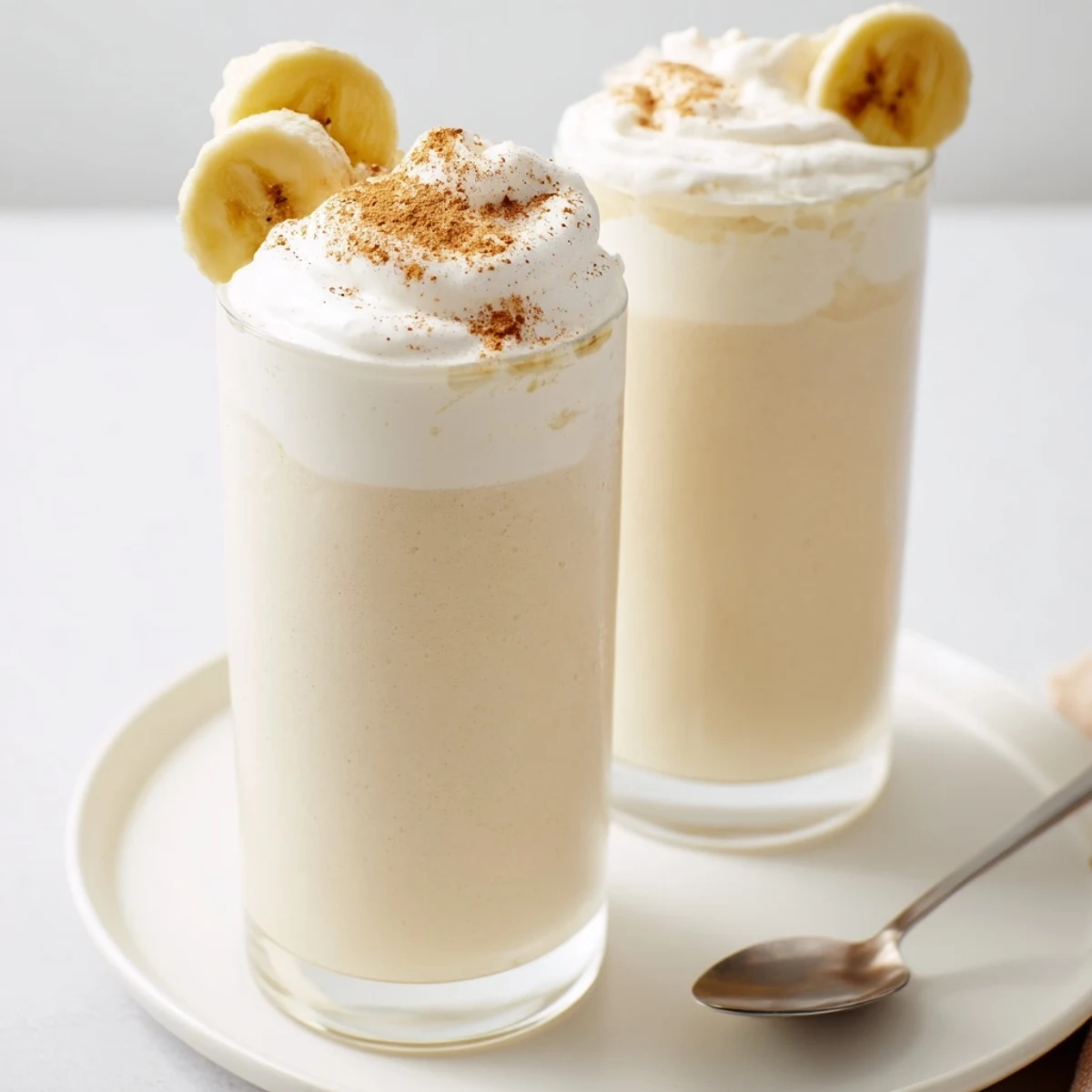 Vanilla Banana Shake in chilled glass, creamy froth and sprinkle of cinnamon.