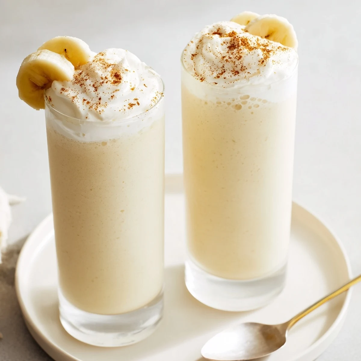 Frosty Vanilla Banana Shake poured beside blender, ready for breakfast.
