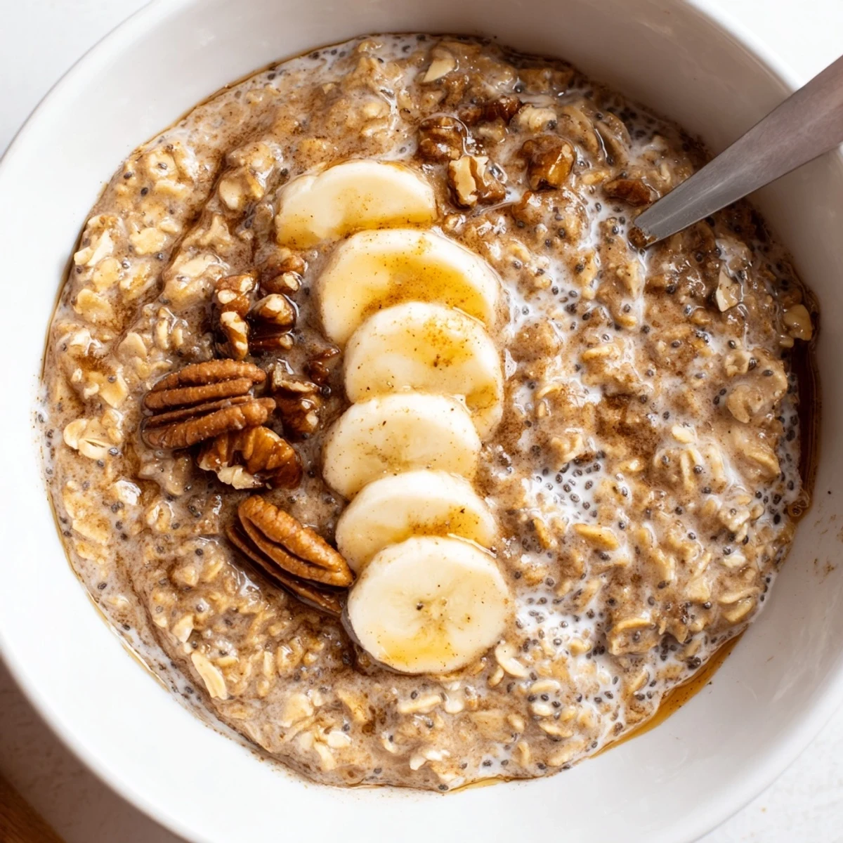 Creamy Brown Sugar Coffee Overnight Oats topped with banana slices and toasted pecans.