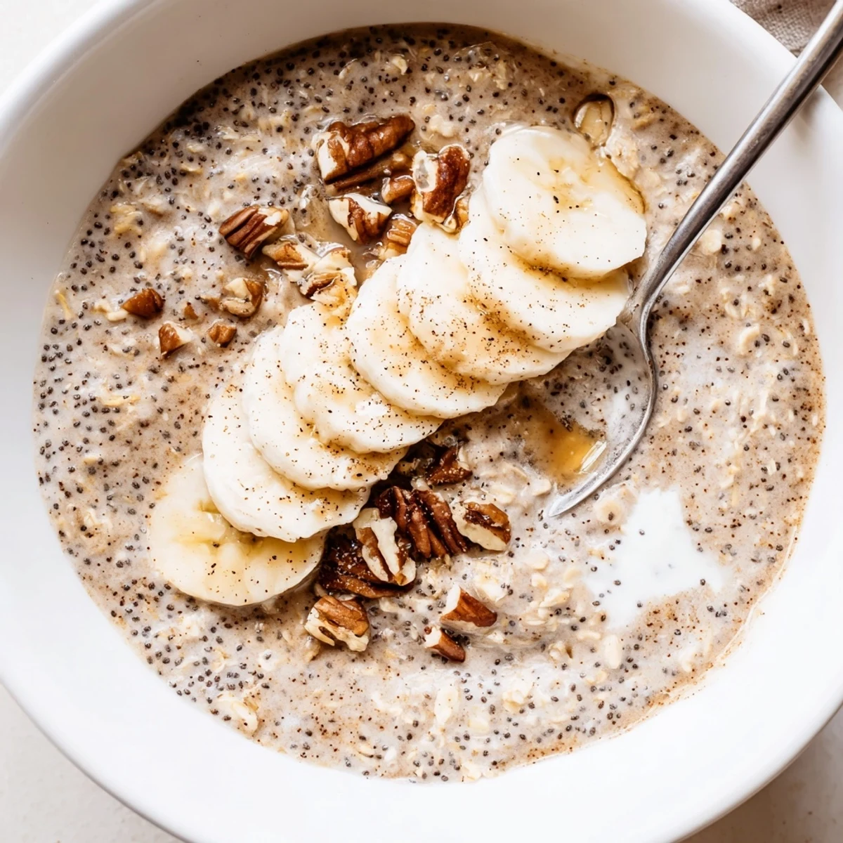 Ready to eat Brown Sugar Coffee Overnight Oats with creamy texture and maple drizzle.