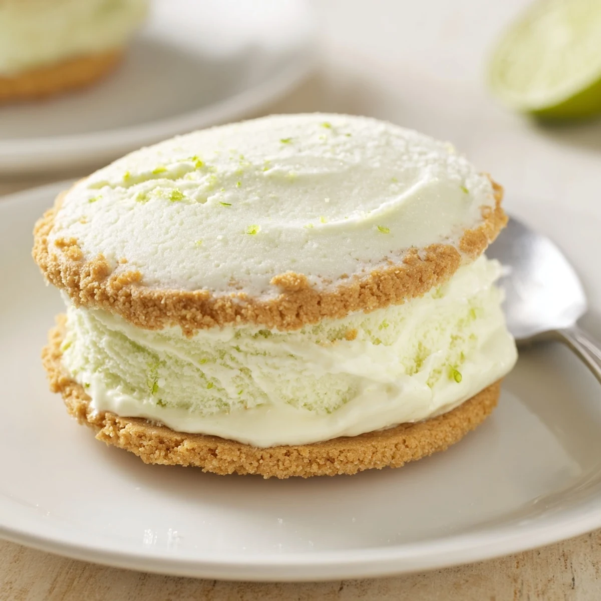 Key Lime Pie Ice Cream Sandwiches arranged on parchment, zesty filling and graham crust