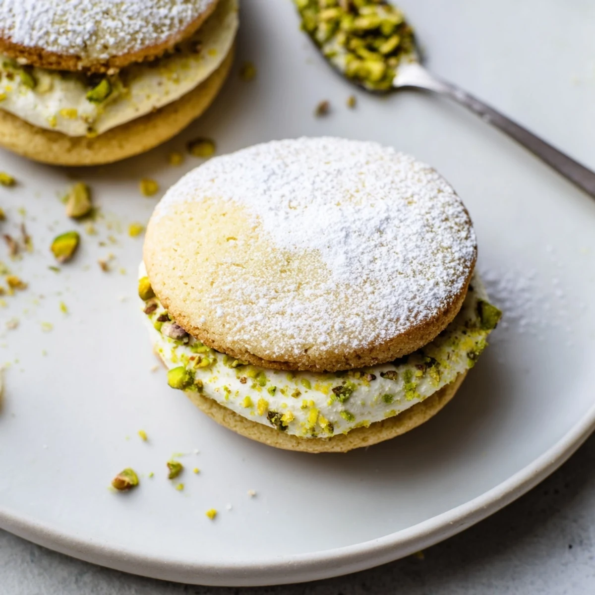 Warm Pistachio Cream Cookies Recipe cooling on wire rack, white chocolate flecks.