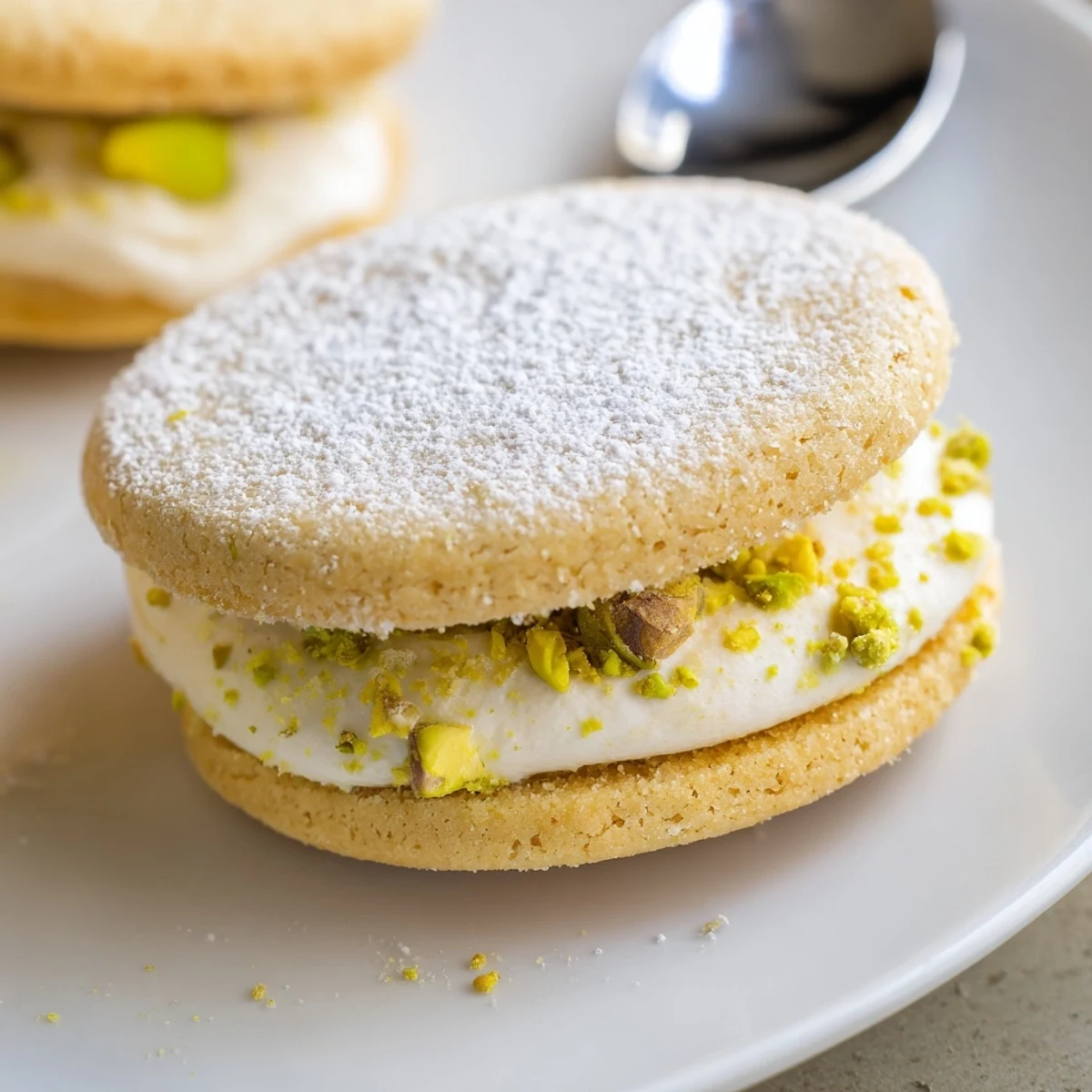 Pistachio Cream Cookies Recipe stacked on plate, nutty aroma, tea pairing.