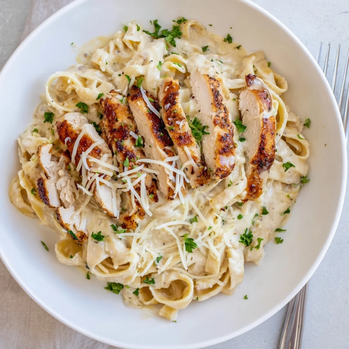 Creamy Garlic Chicken Pasta piled on plate, glossy sauce, parsley garnish