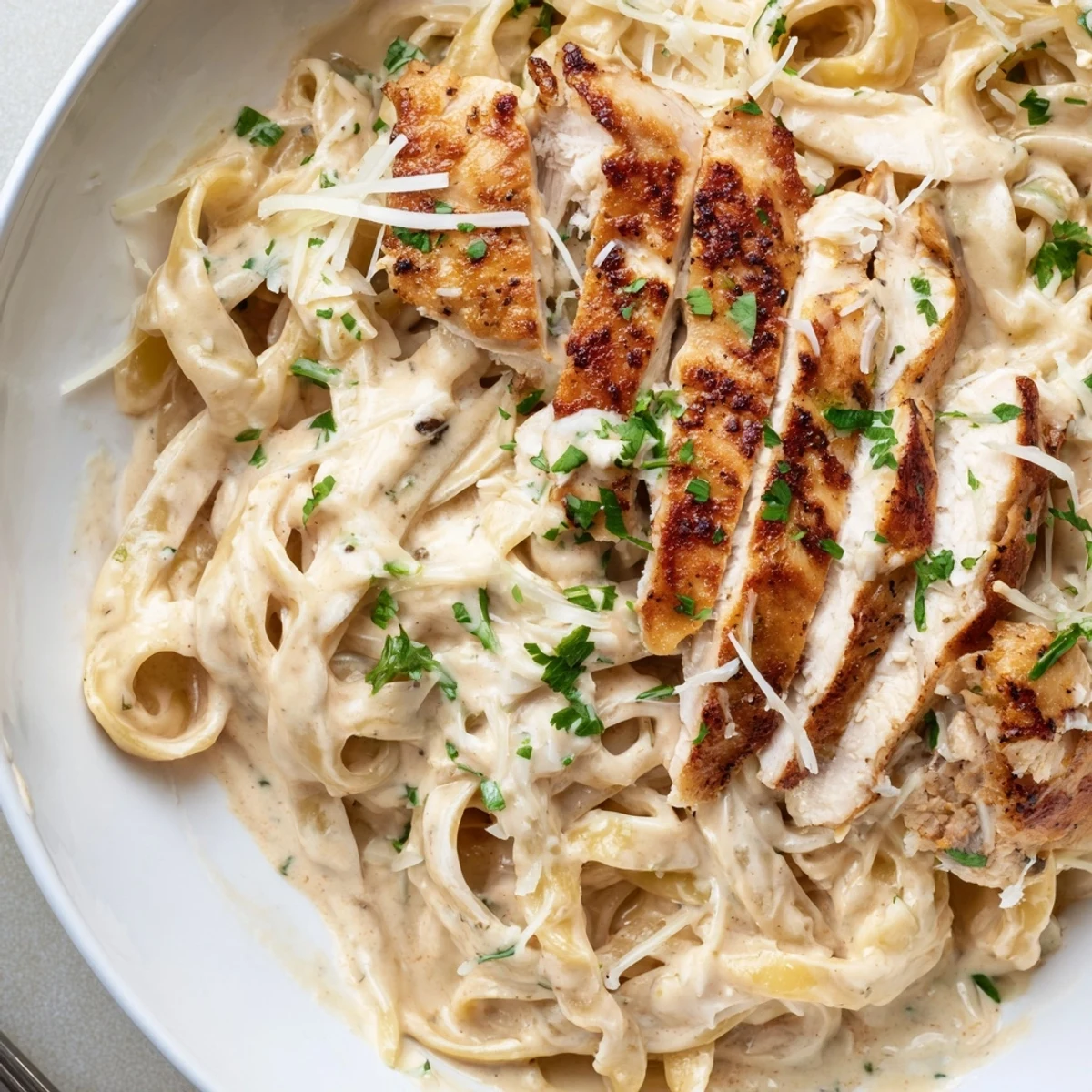 Sliced seared chicken over fettuccine in Creamy Garlic Chicken Pasta, steaming
