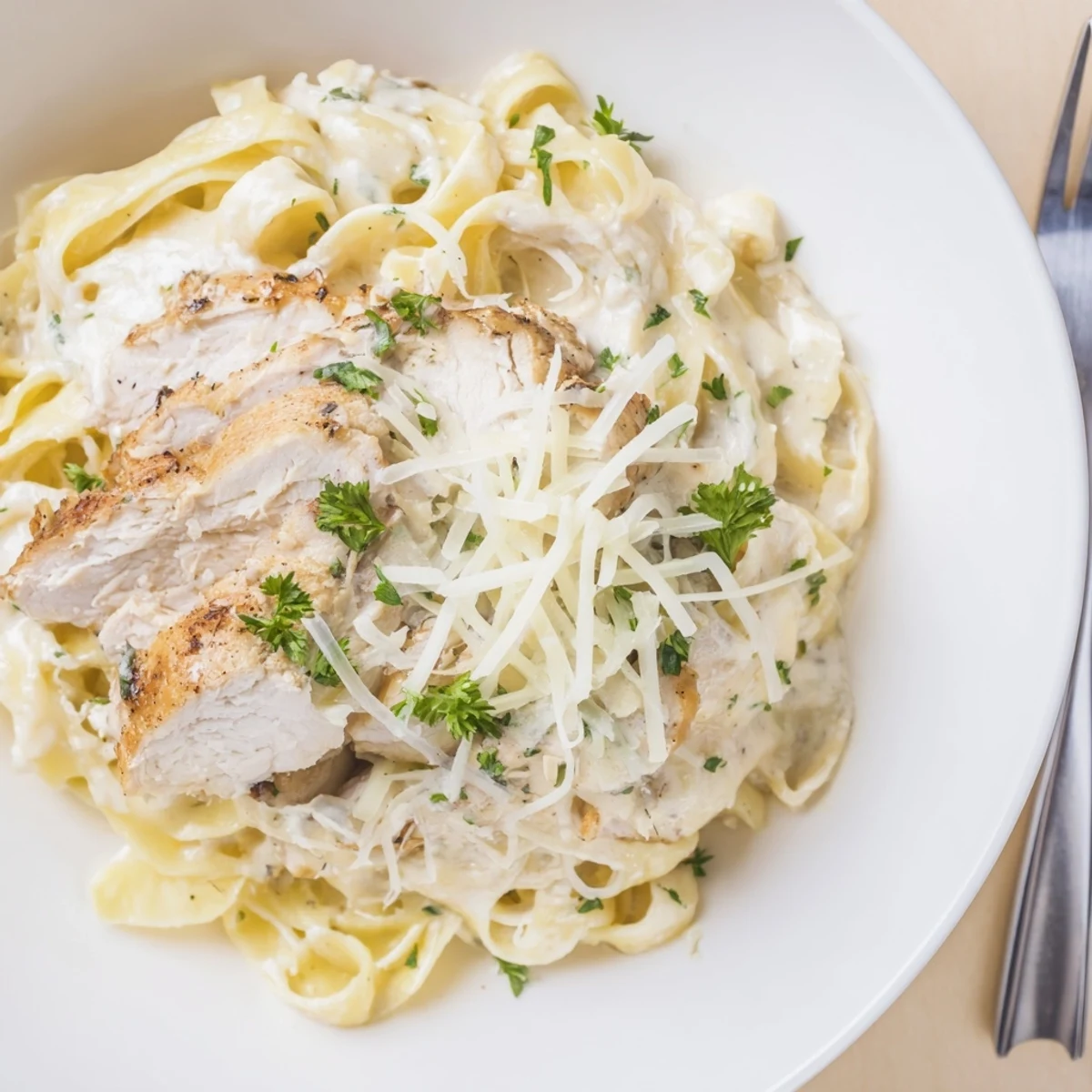 Fork twirling al dente pasta in Creamy Garlic Chicken Pasta, rich garlic aroma