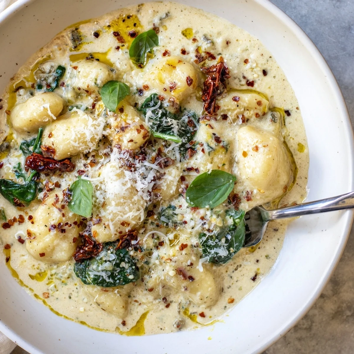Creamy Marry Me Gnocchi with sun-dried tomatoes, basil, and Parmesan.