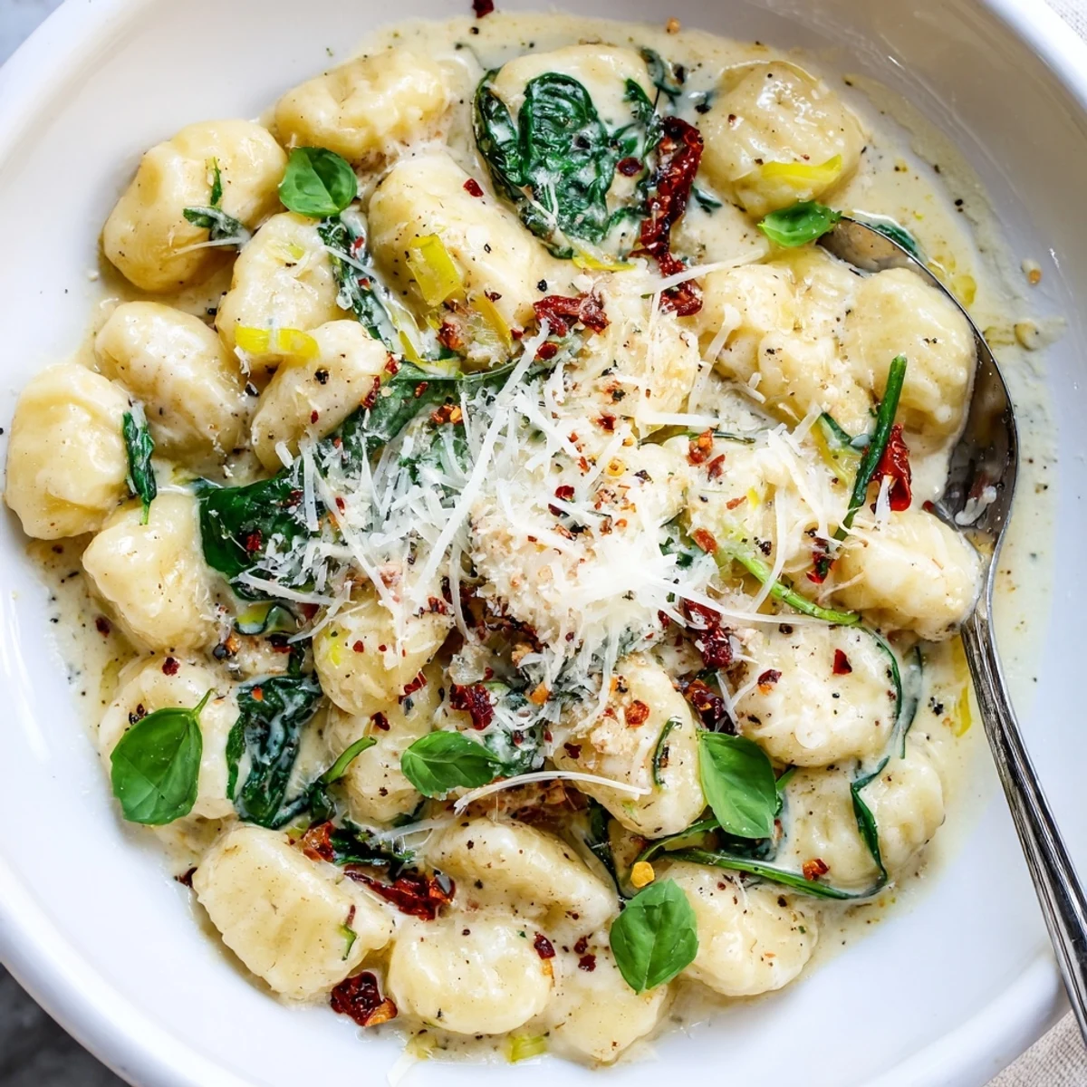 Skillet-tossed Marry Me Gnocchi steaming in rich cream sauce, ready to serve.