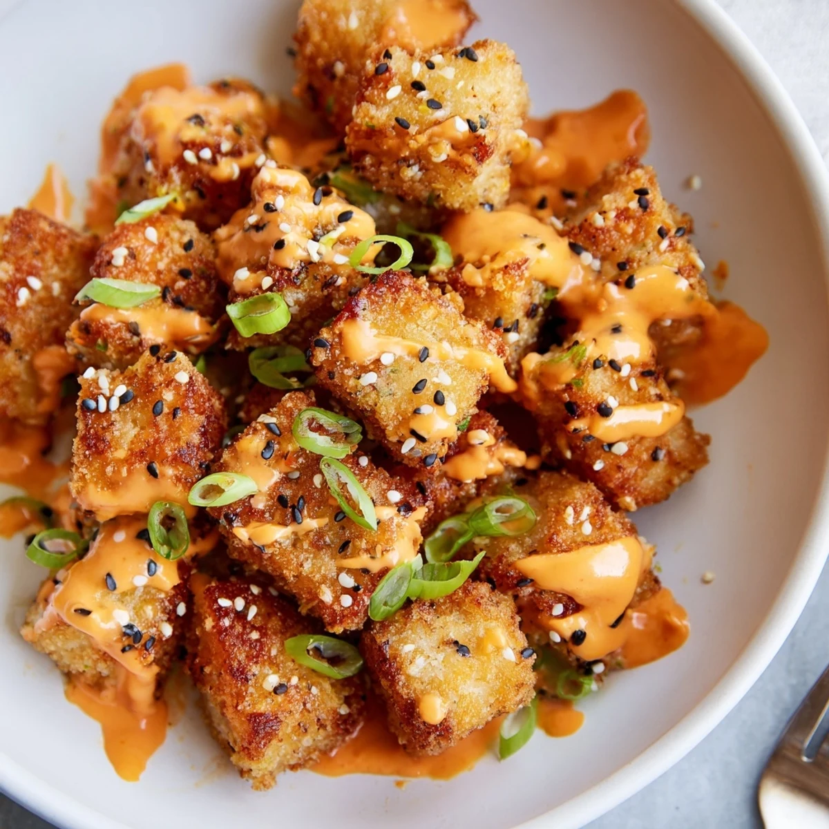 Crispy pan-fried Bang Bang Salmon Bites glistening with creamy spicy sauce, scallions.