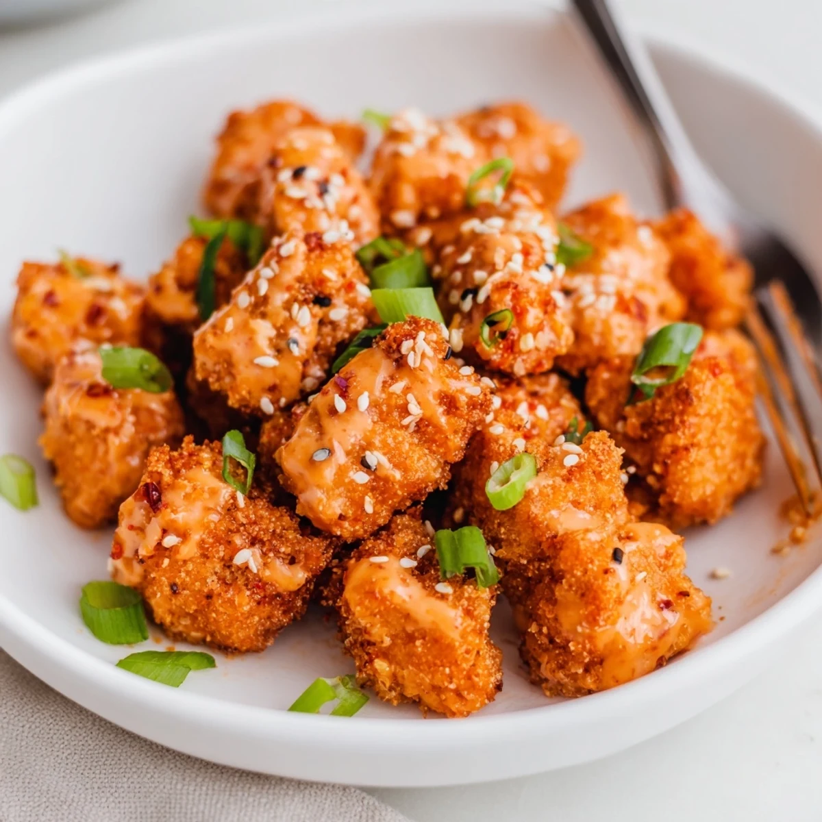 Golden Bang Bang Salmon Bites piled on rice, sesame seeds and cilantro.