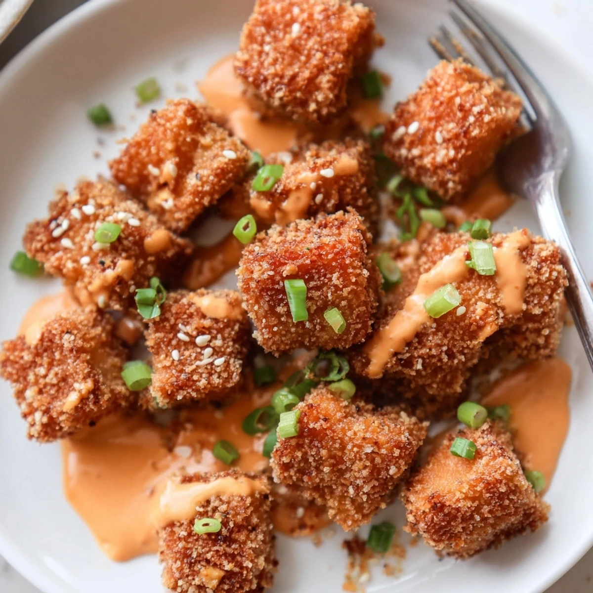 Tender Bang Bang Salmon Bites coated in sticky honey sriracha sauce, appetizer.
