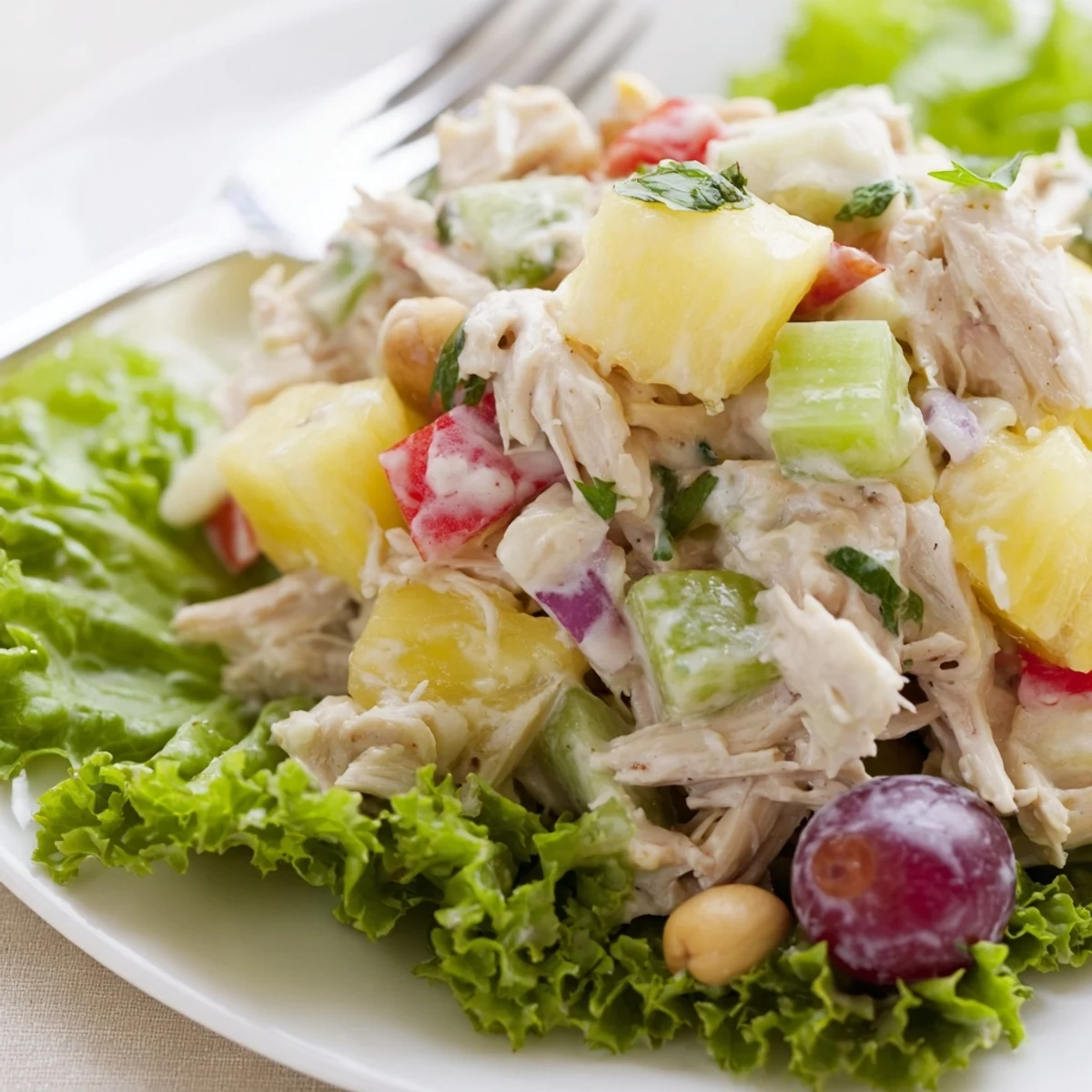 Hawaiian Chicken Salad piled on butter lettuce, juicy pineapple, creamy dressing