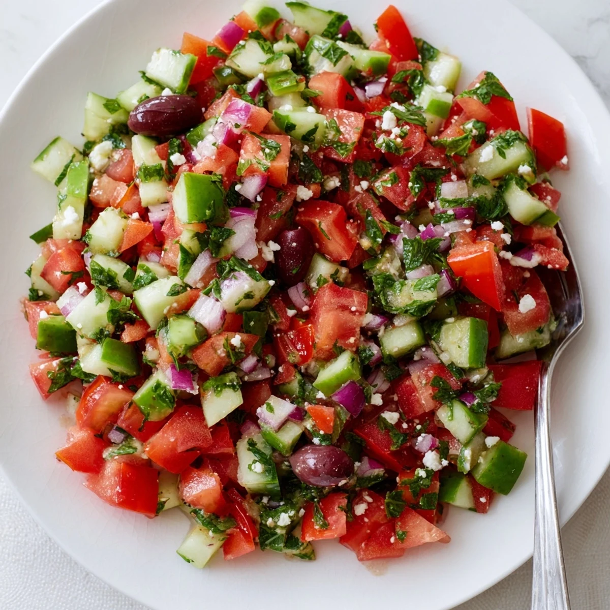 Bright Turkish Shepherds Salad tossed in lemon dressing, perfect alongside grilled meats