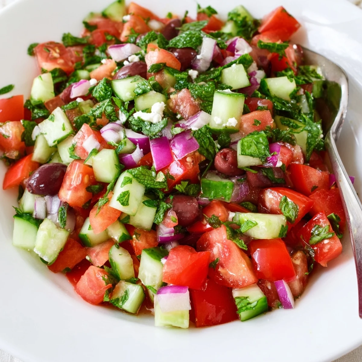 Turkish Shepherds Salad piled on a platter with juicy tomatoes and herbs