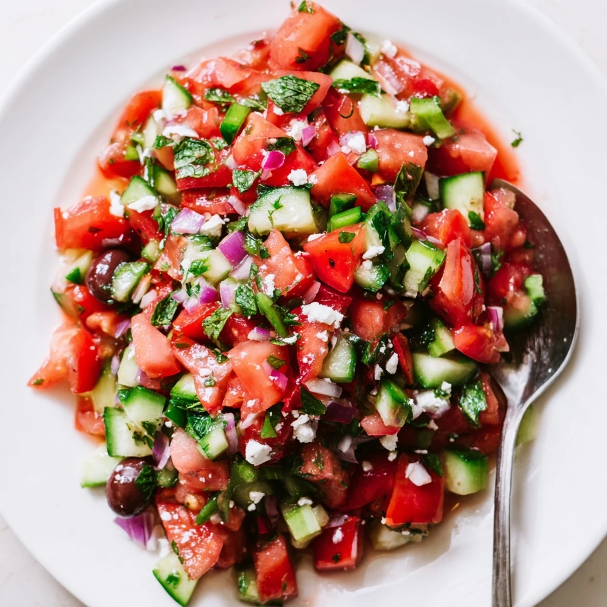 Crunchy Turkish Shepherds Salad with cucumbers, red onion, and crumbled feta