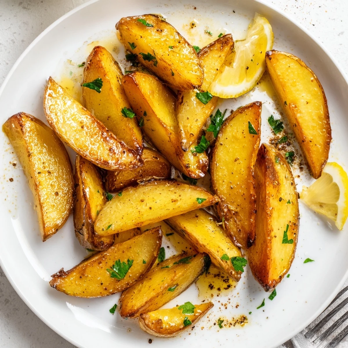 Authentic Greek Lemon Potatoes Recipe with crispy edges, tender center, lemony olive oil glaze