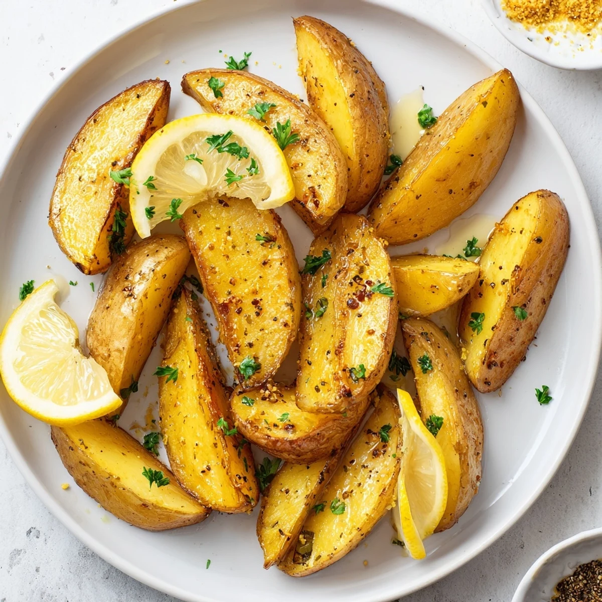 Sizzling pan juices coat Authentic Greek Lemon Potatoes Recipe, releasing bright citrus aroma