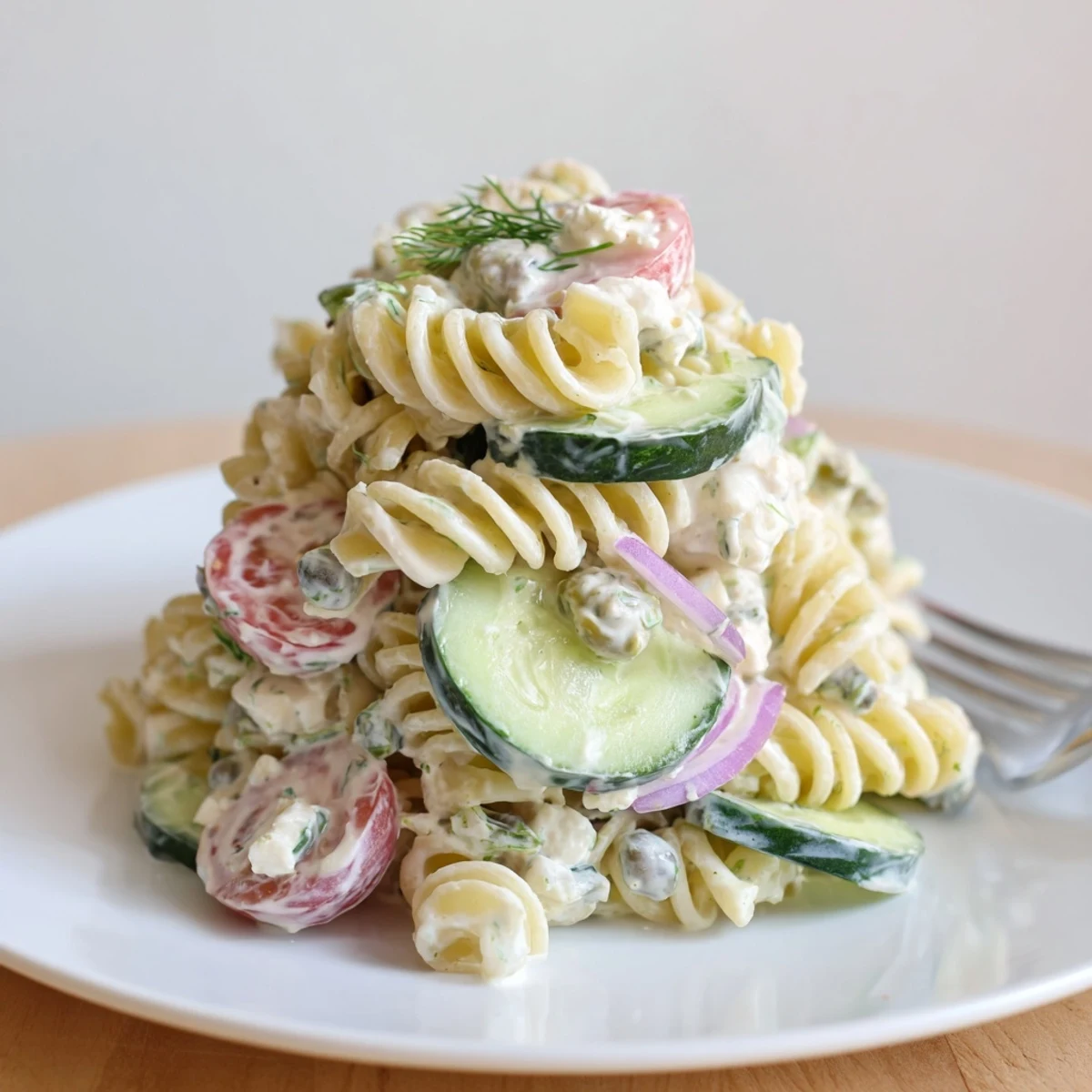 Cucumber Pasta Salad with creamy lemon dressing, crisp cucumbers and cherry tomatoes.