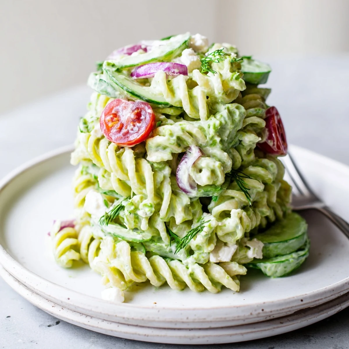 Chilled Cucumber Pasta Salad tossed with dill, red onion, and feta.