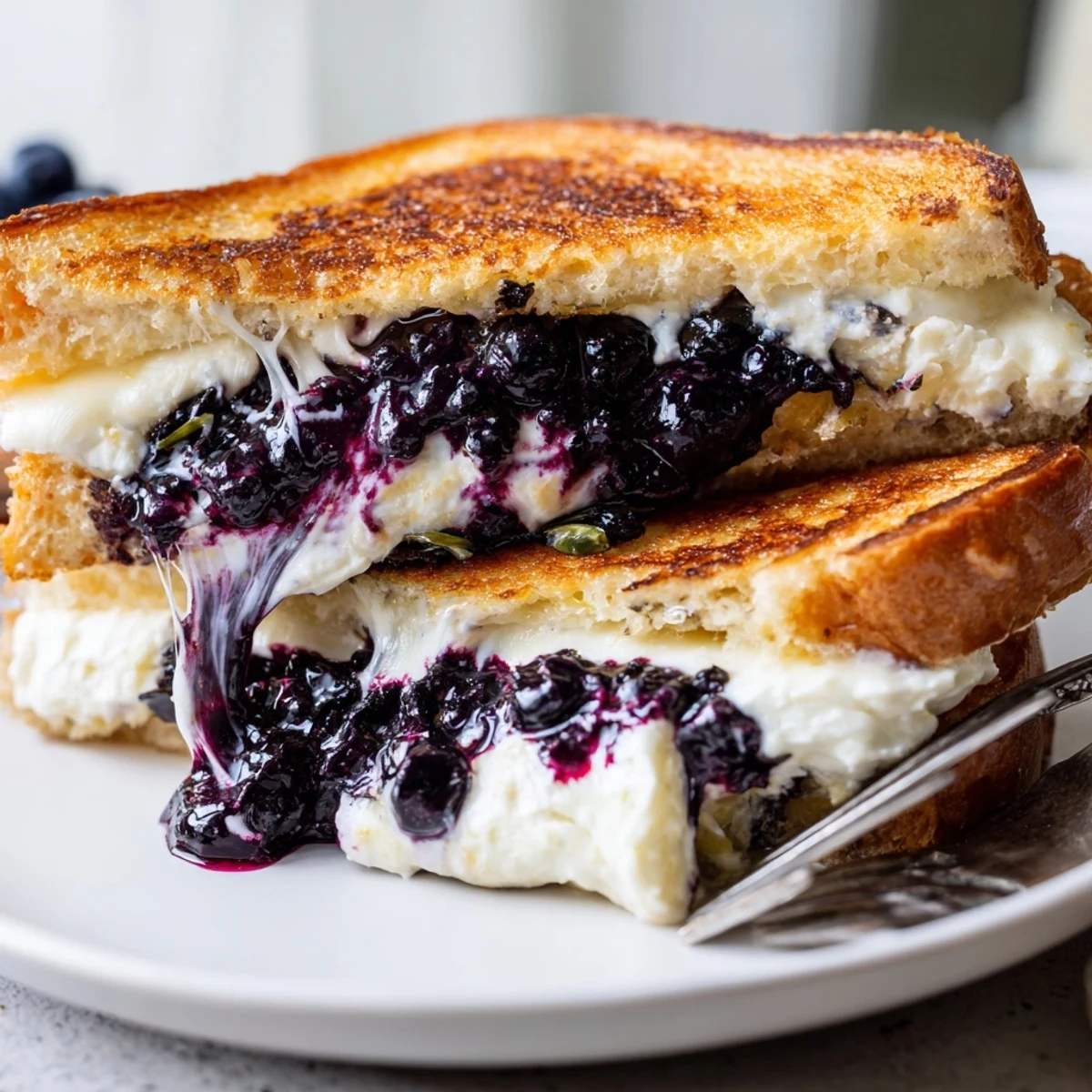 Warm Juicy Blueberry Grilled Cheese sliced on plate, steam rising and sweet tang.