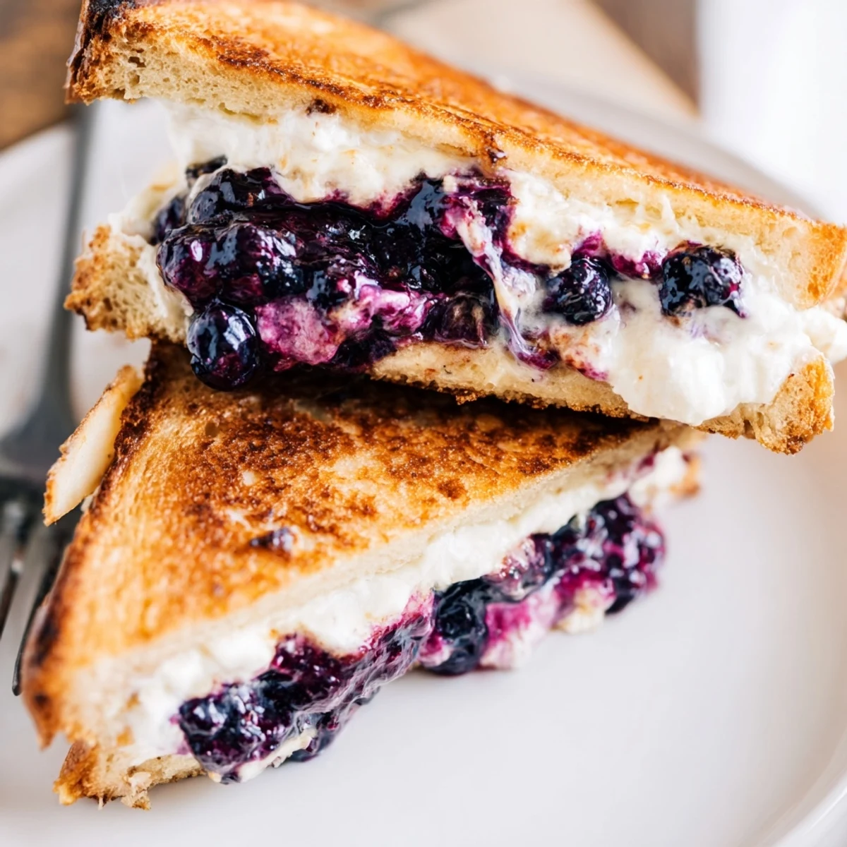 Skillet toasted Juicy Blueberry Grilled Cheese halves oozing cream cheese, served alongside salad.