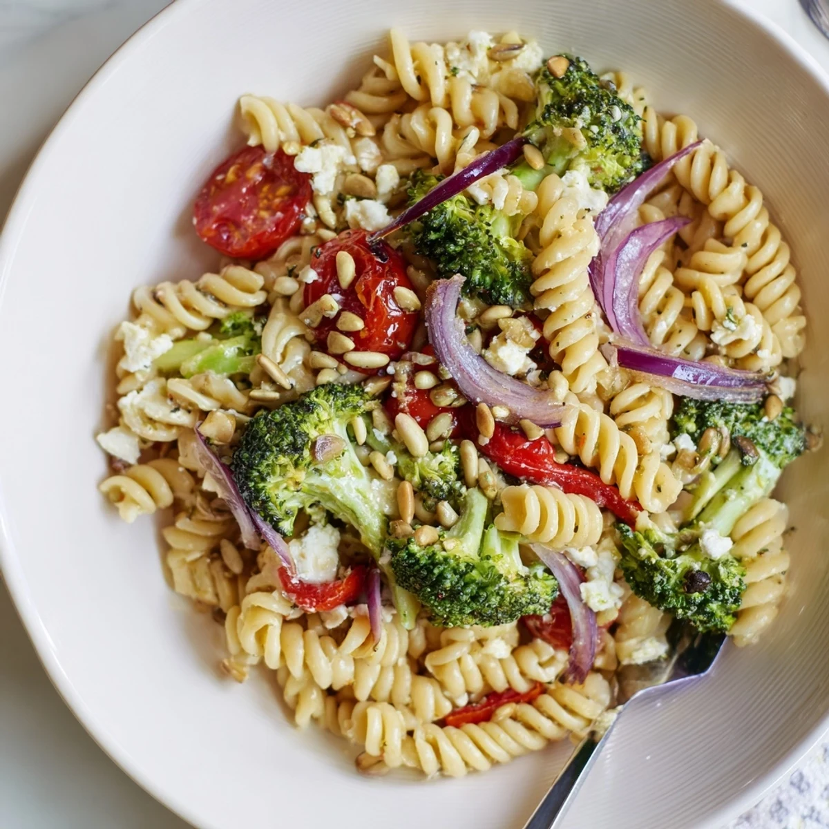 Broccoli Pasta Salad with al dente pasta and lemony dressing, chilled.