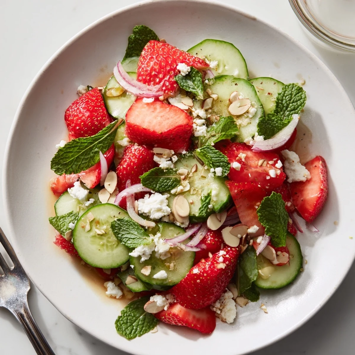 Cucumber Strawberry Salad with sliced mint, white balsamic sheen, summer picnic-ready.