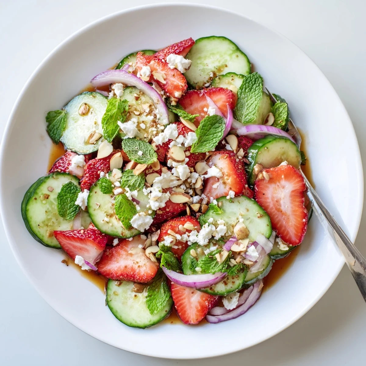 Chilled Cucumber Strawberry Salad layered with feta, red onion, refreshing citrus notes.