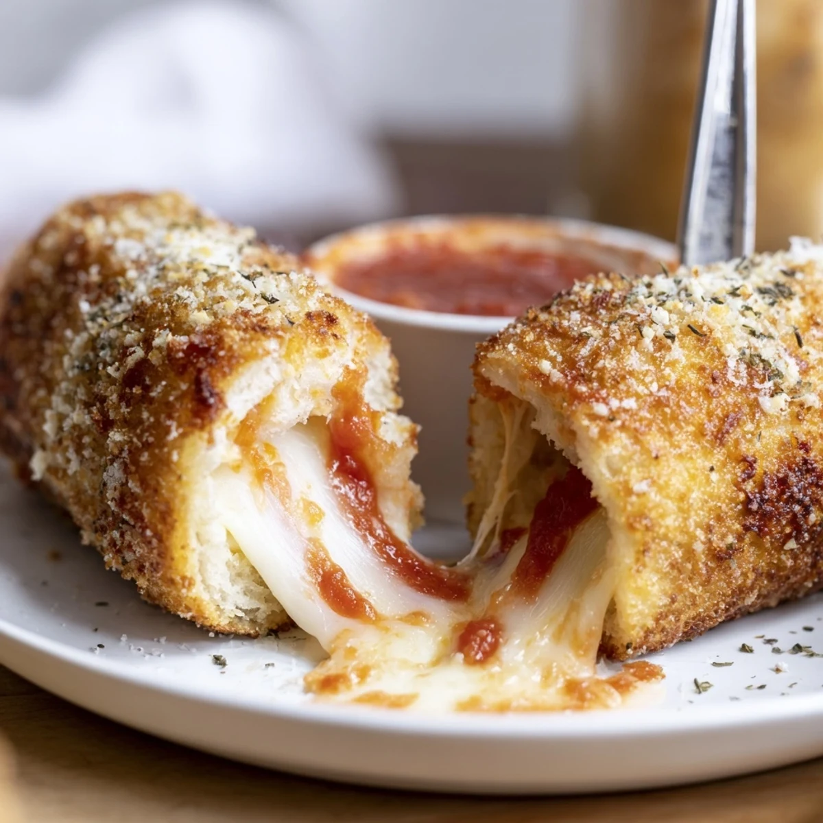 Crispy Cheesy Roll Ups with golden crust, gooey mozzarella, served with marinara