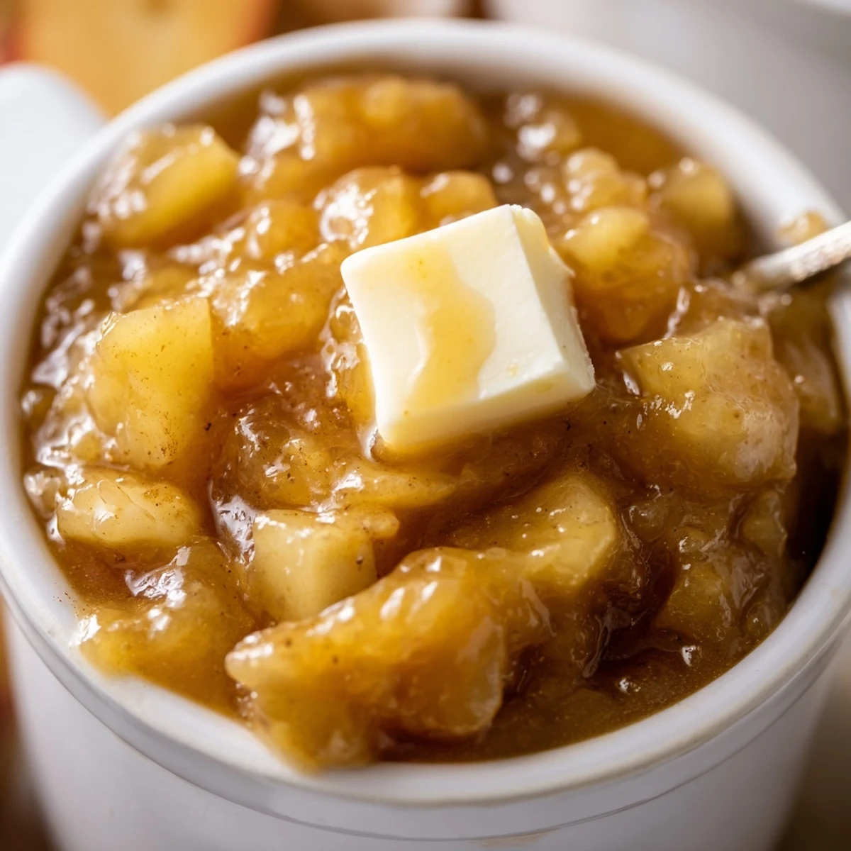 Fall Caramel Apple Jam glistening amber jars, chunky apple texture, cinnamon aroma