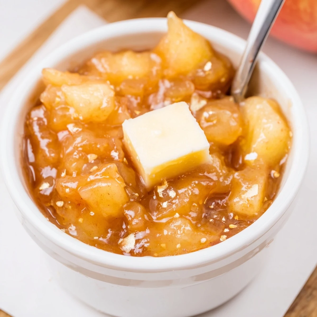 Small-batch Fall Caramel Apple Jam bubbling in pot, deep caramelized flavor