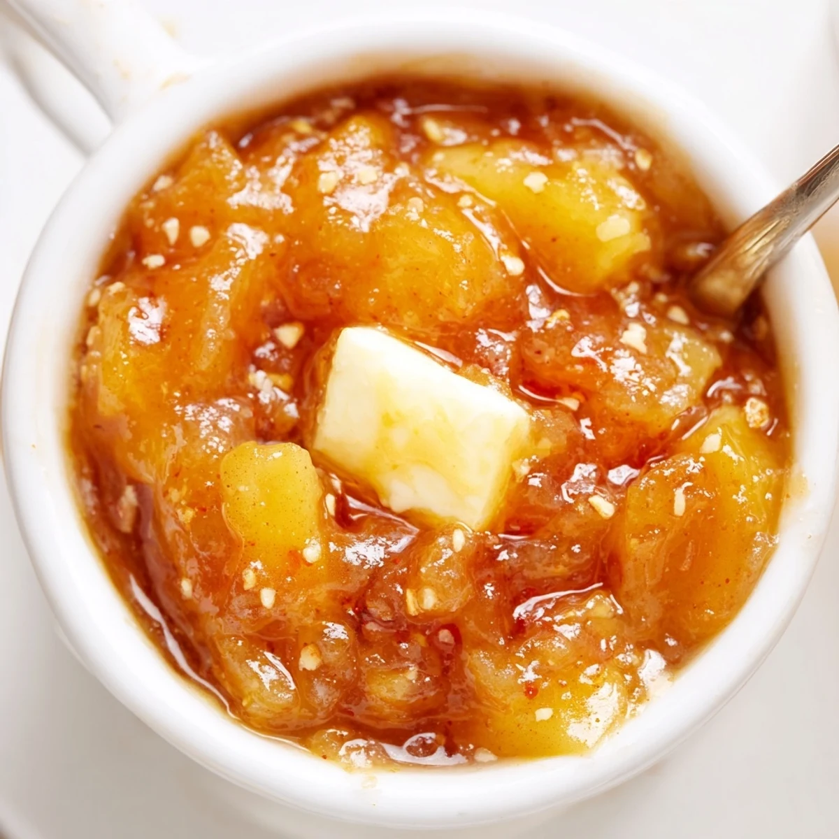 Homemade Fall Caramel Apple Jam spread warm on toast, butter melting