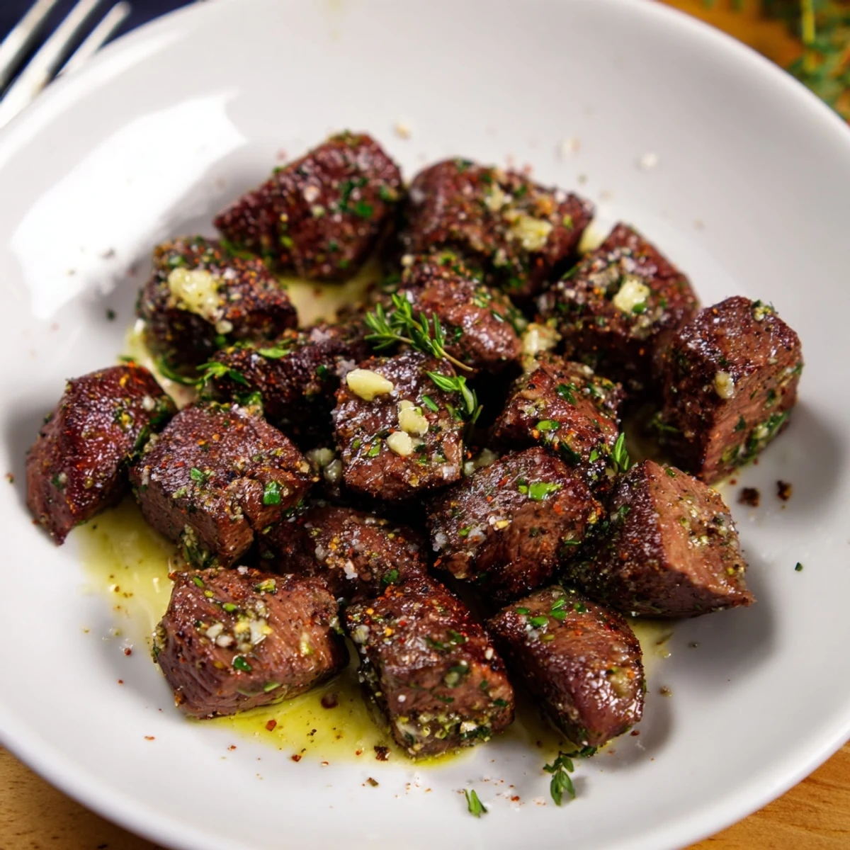 Garlic Butter Steak Bites sizzling in cast-iron, glossy herb-scented butter sauce