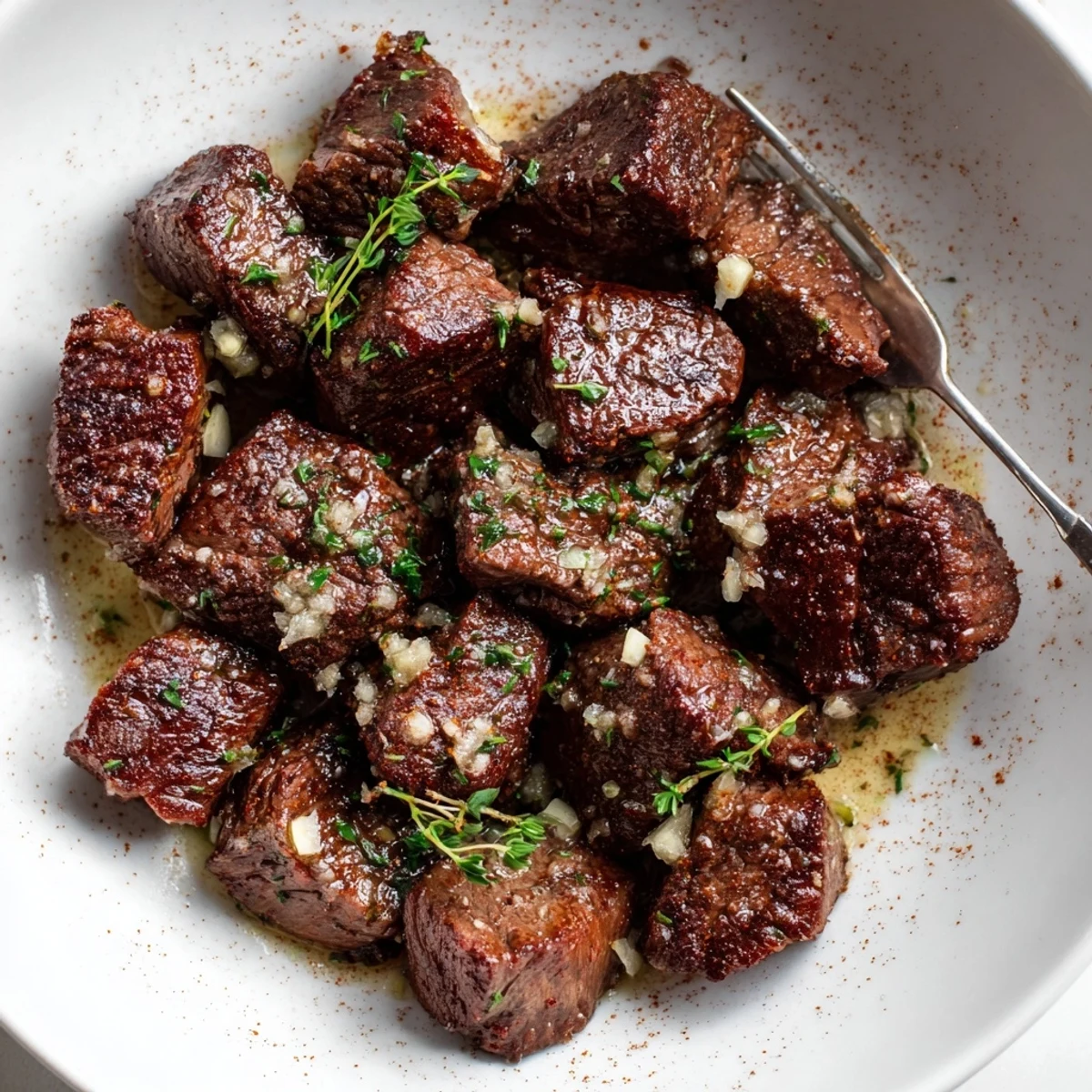 Pan-tossed Garlic Butter Steak Bites releasing fragrant garlic steam, sprinkled parsley