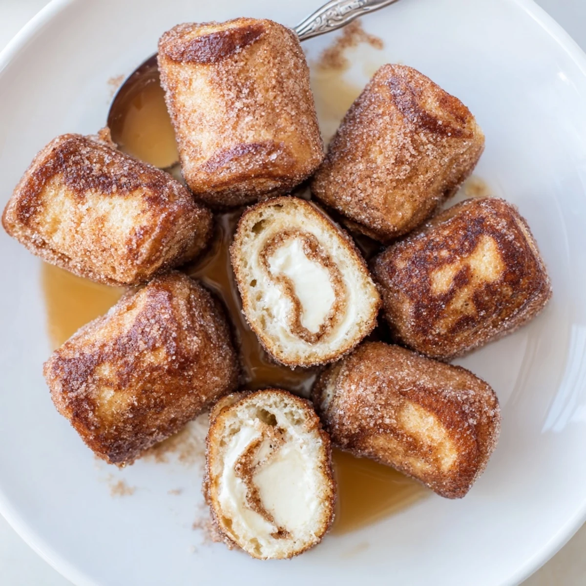 Warm Cinnamon Roll French Toast Roll Ups glazed with cinnamon-sugar, steaming on plate